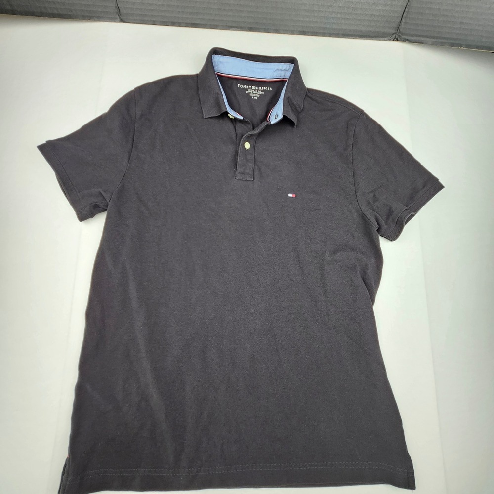 Tommy Hilfiger Mens Regular Fit Black Polo Logo Shirt Large Preppy Golf Summer